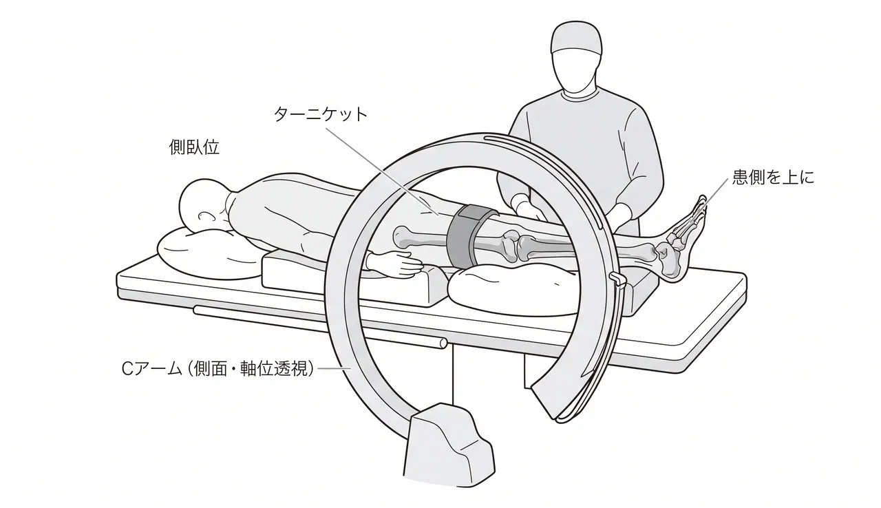 体位・透視設定 — 側臥位・ターニケット配置・術中透視の設定。外側拡大アプローチのための患肢設定