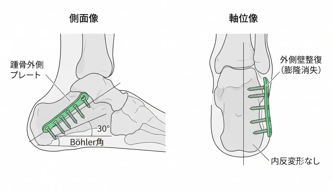 術後X線側面像・軸位像 — 踵骨外側プレート固定後のBöhler角回復・外側壁整復・スクリュー位置確認