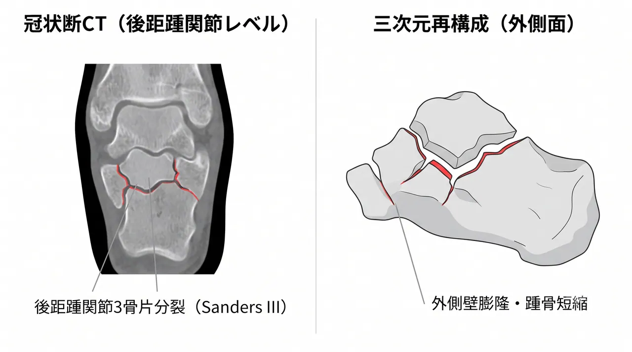 CT冠状断・三次元再構成 — Sanders III型骨折パターン（後距踵関節3骨片分裂）の評価と術前計画