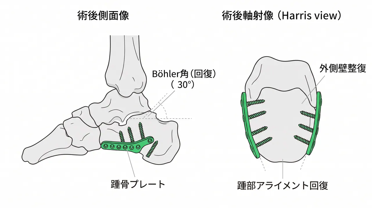 術後X線（側面像・Harris axial view） — 踵骨プレート固定後のBöhler角回復・関節面整復・踵骨幅正常化を確認