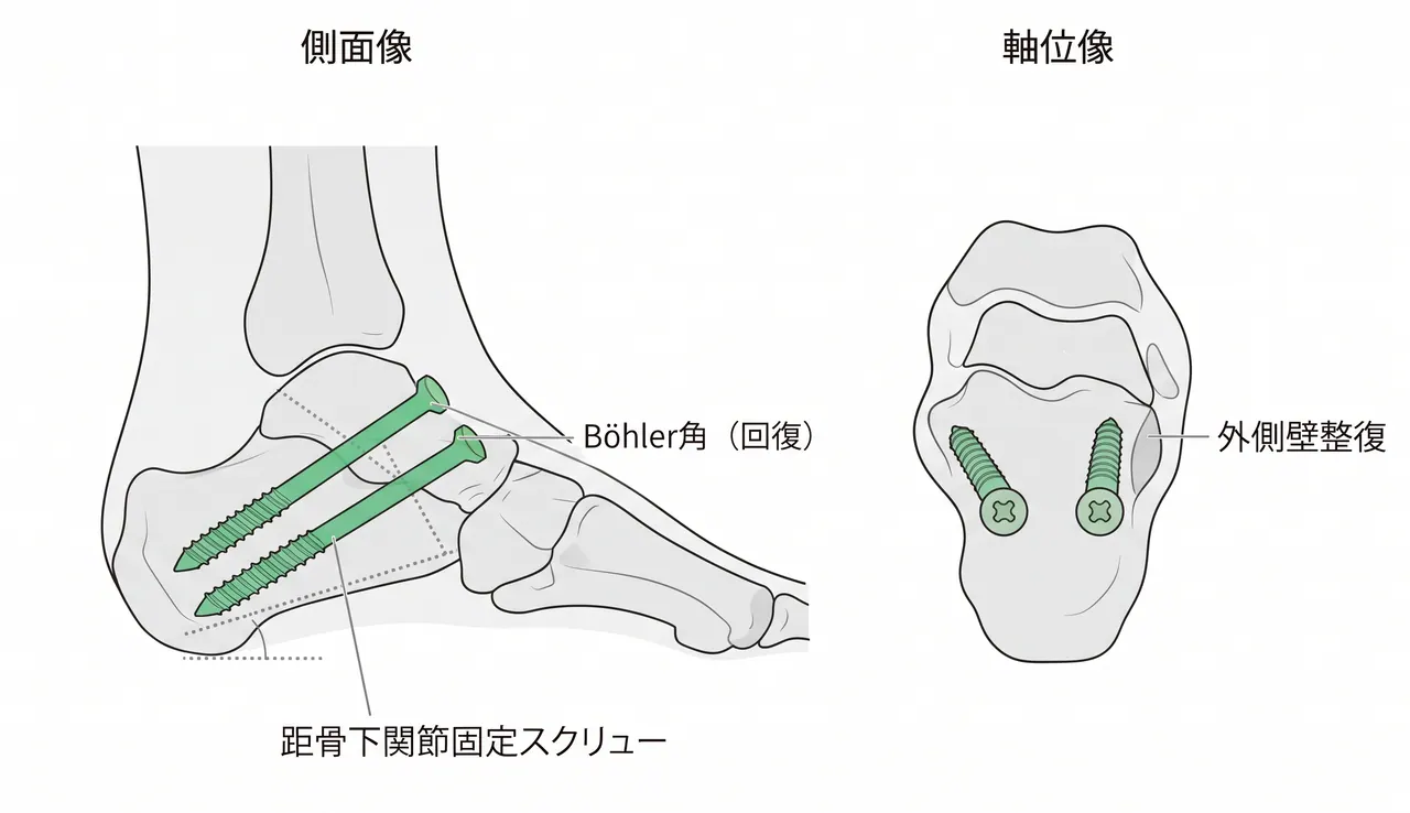 術後X線側面像・軸位像 — 距骨下関節固定後のBöhler角回復・スクリュー位置・踵骨アライメントを確認