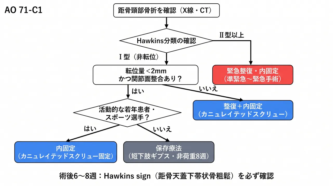 治療選択アルゴリズム — Hawkins分類に基づく術式選択フロー