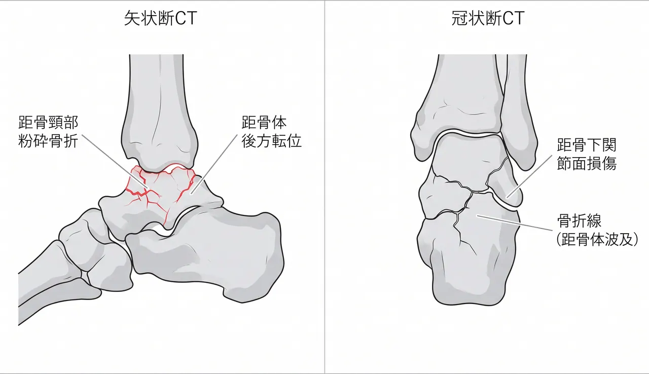 CT矢状断・冠状断 — 距骨頸部骨折の粉砕・骨片数・関節面損傷・距骨体への骨折波及の評価