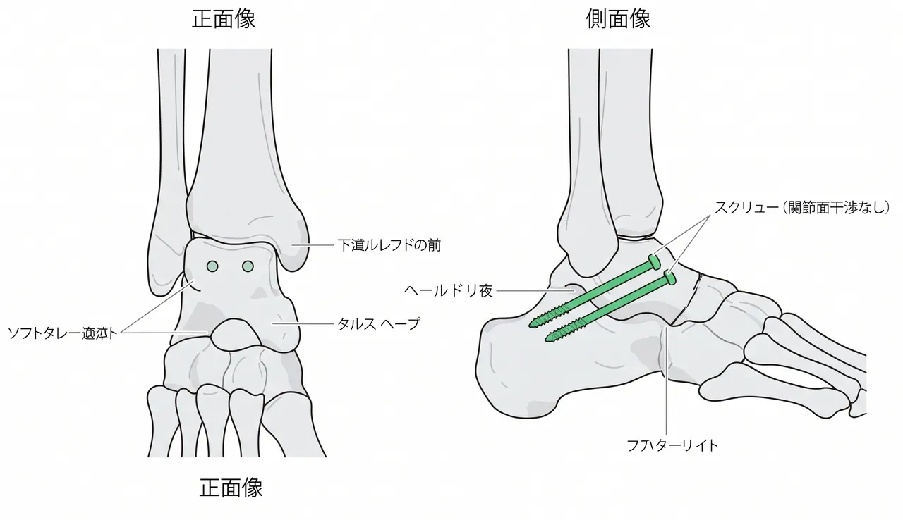 術後X線正面像・側面像 — ヘッドレスコンプレッションスクリュー2本による距骨頸部固定。距骨下関節・足関節の同心円性を確認