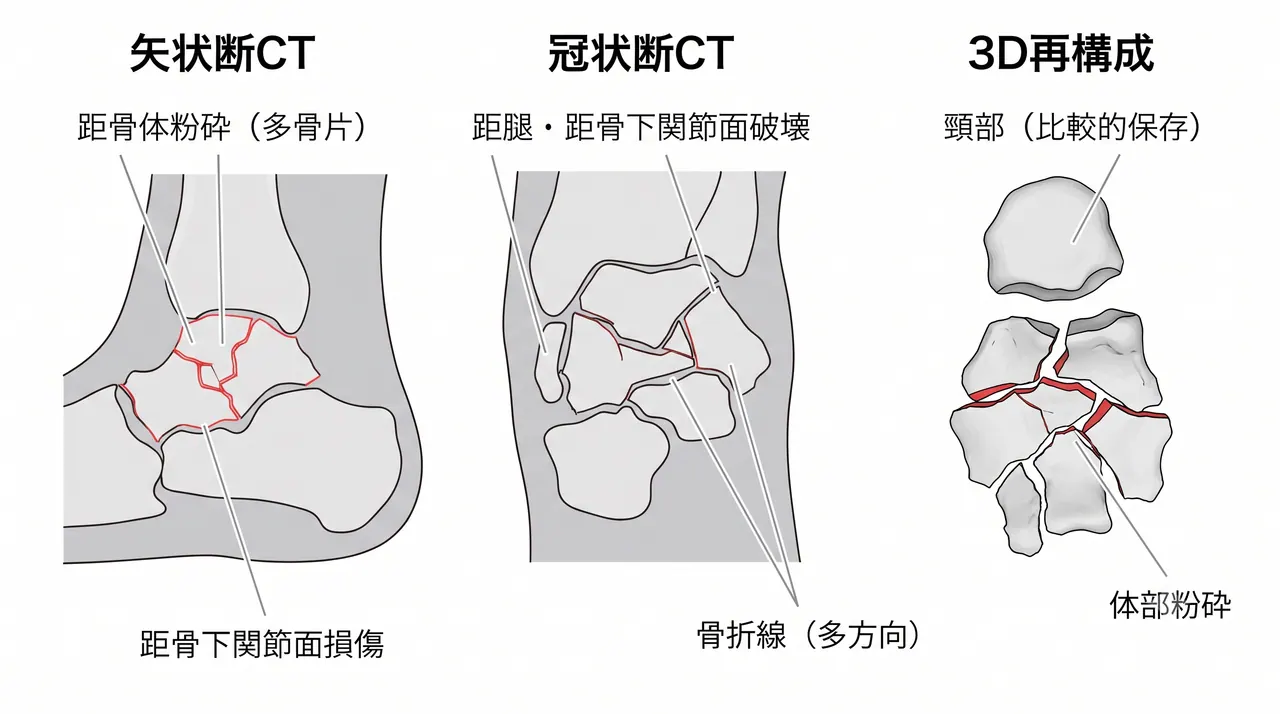 CT矢状断・冠状断・3D再構成 — 体部粉砕パターン・関節面損傷範囲・骨折片数の術前評価