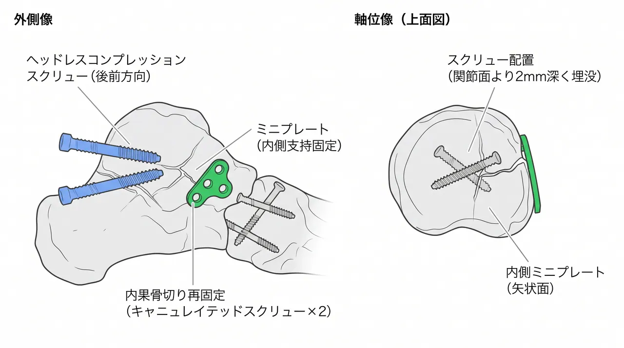 前内側アプローチ＋内果骨切り・距骨体整復・ヘッドレスコンプレッションスクリュー後前方向固定＋ミニプレート補助（術中透視正面・側面）