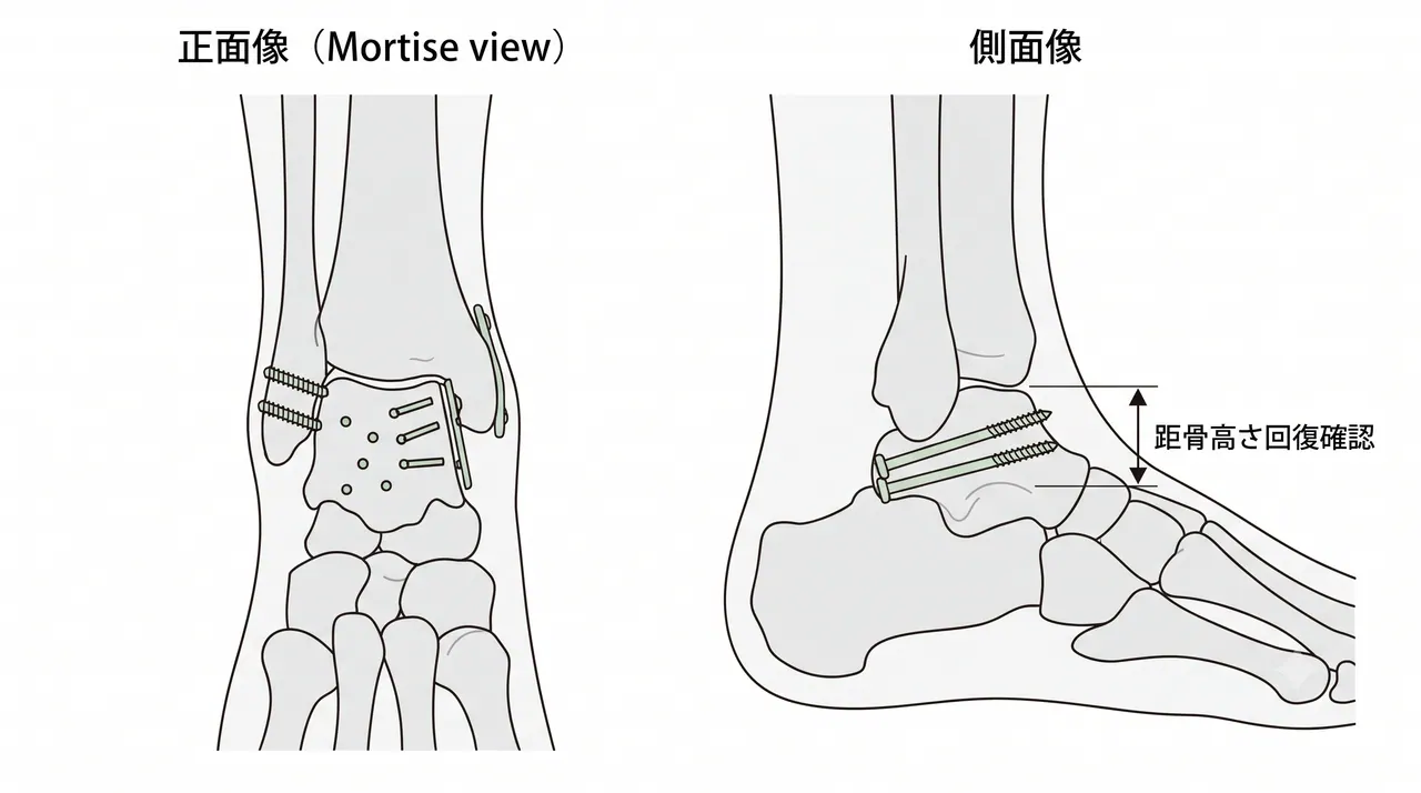 術後X線正面像・側面像（Mortise view含む） — スクリュー＋ミニプレート固定後の距腿・距骨下関節整復・implant位置確認