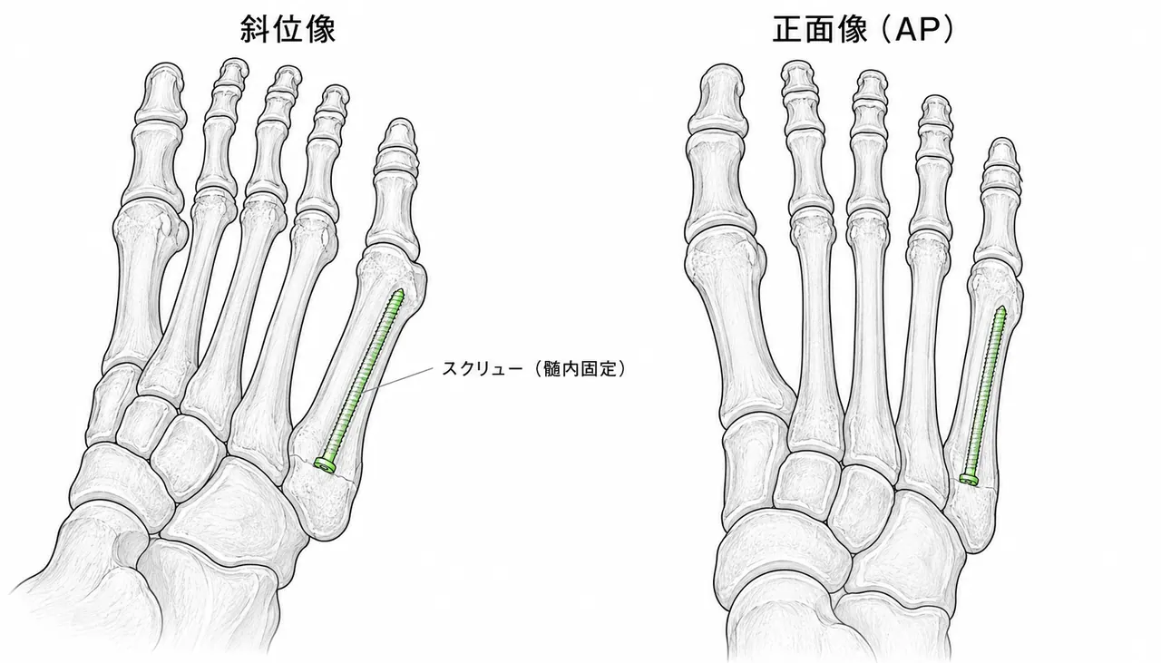術後X線斜位像 — カニュレイテッドスクリュー固定後の骨折整復位・スクリュー位置確認