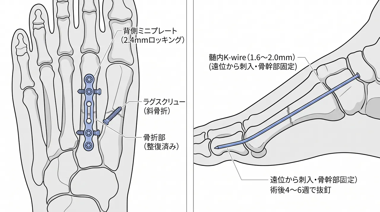術中透視・ORIF手技 — 背側ミニプレート（2.4mmロッキング）とK-wire髄内固定の比較・整復位・implant設置方法