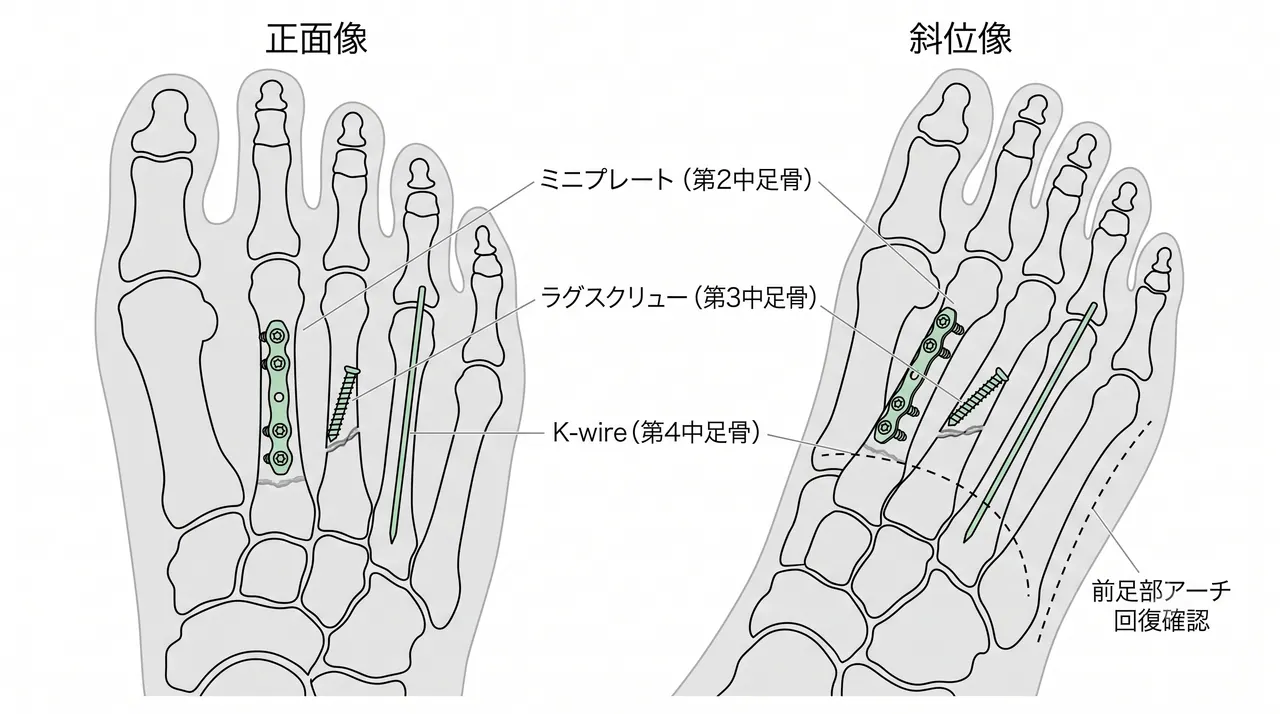 術後X線正面・斜位像 — ミニプレート・K-wire固定後の整復位確認・前足部アーチ回復・各中足骨頭高さの均等化