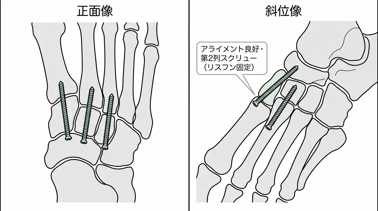 術中透視像 — 整復位とスクリュー配置確認（正面・斜位）