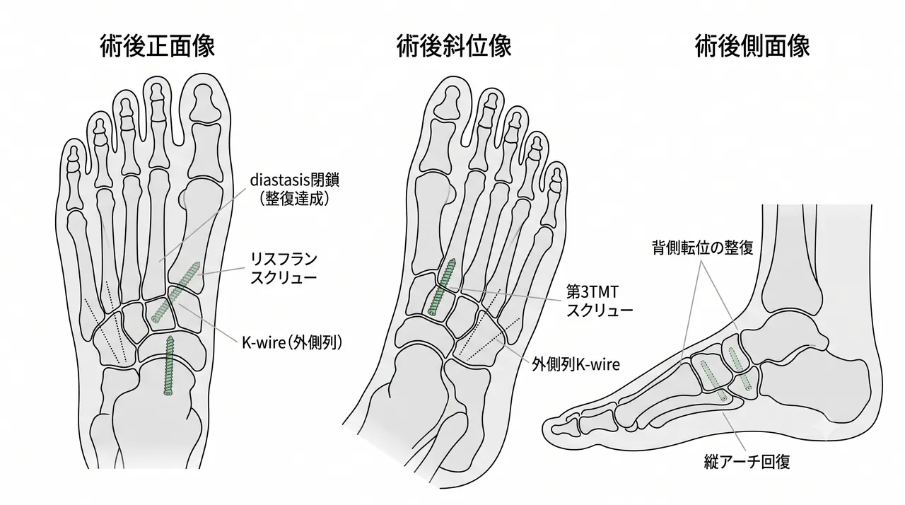 術後X線（正面・斜位・側面像） — スクリュー・K-wire固定後の中足骨基部整復・リスフラン関節の一致性を確認
