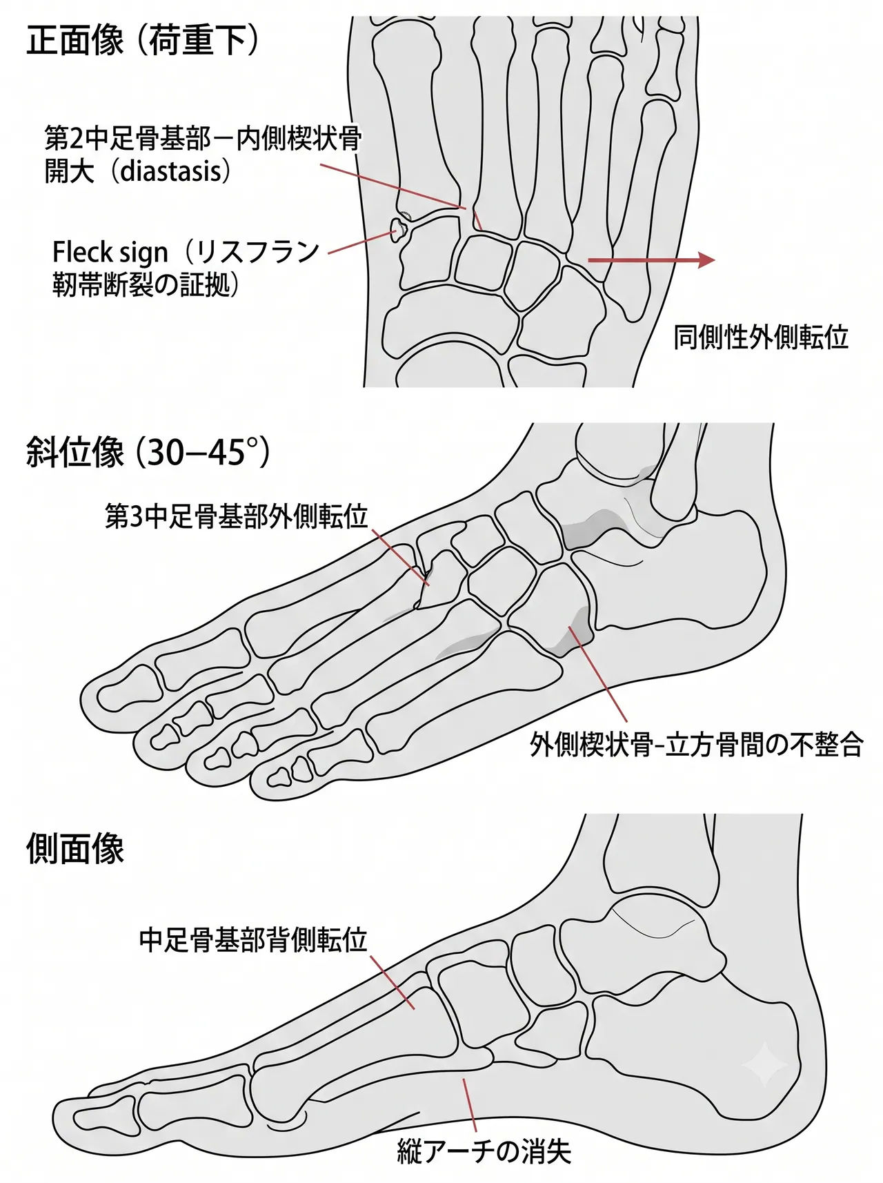 術前X線（正面・斜位・側面像） — 第2中足骨基部−内側楔状骨間の開大・Fleck sign・外側転位を評価