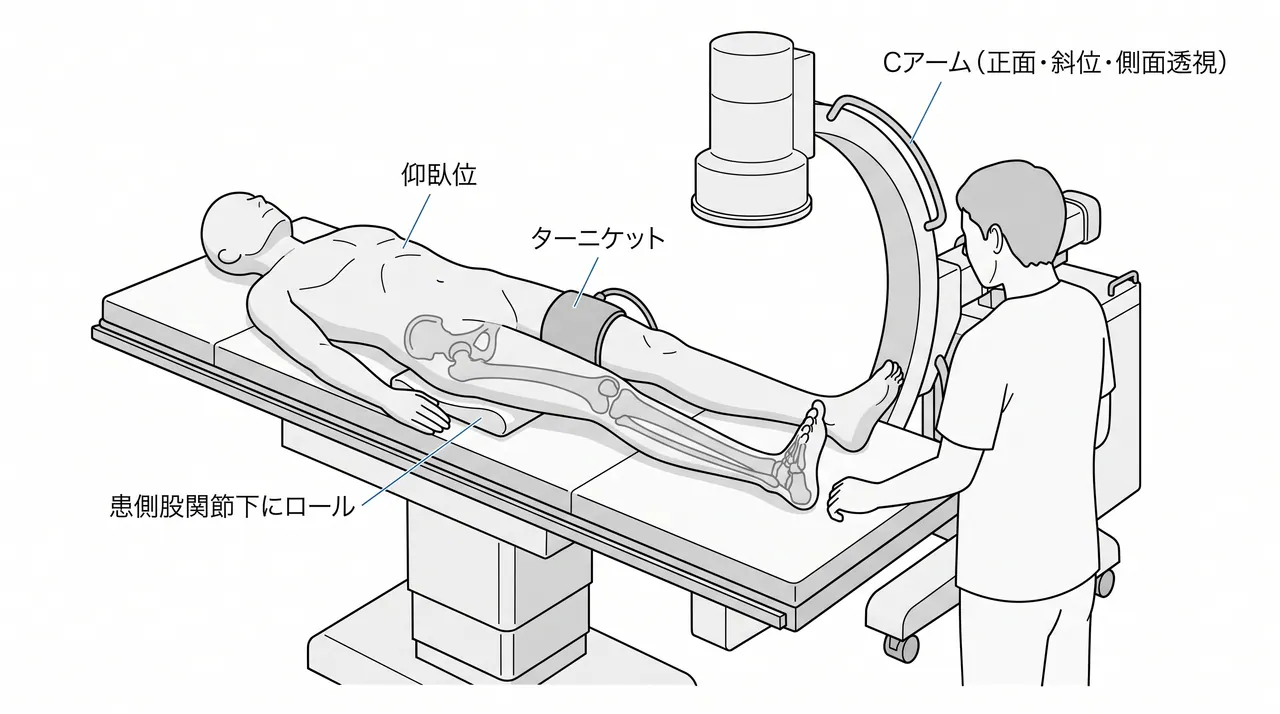 体位・透視設定 — 仰臥位・ターニケット配置・術中透視（正面・斜位・側面）の設定