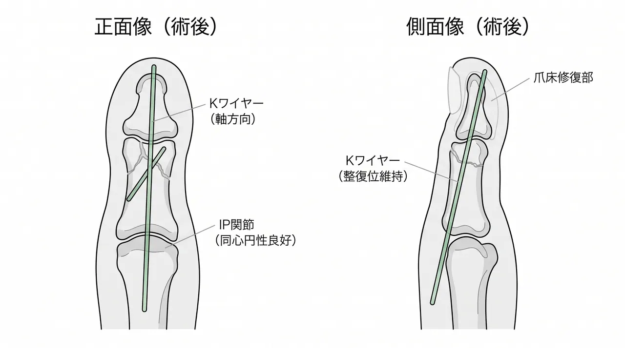 術後X線像 — Kワイヤー固定後の正面像・側面像