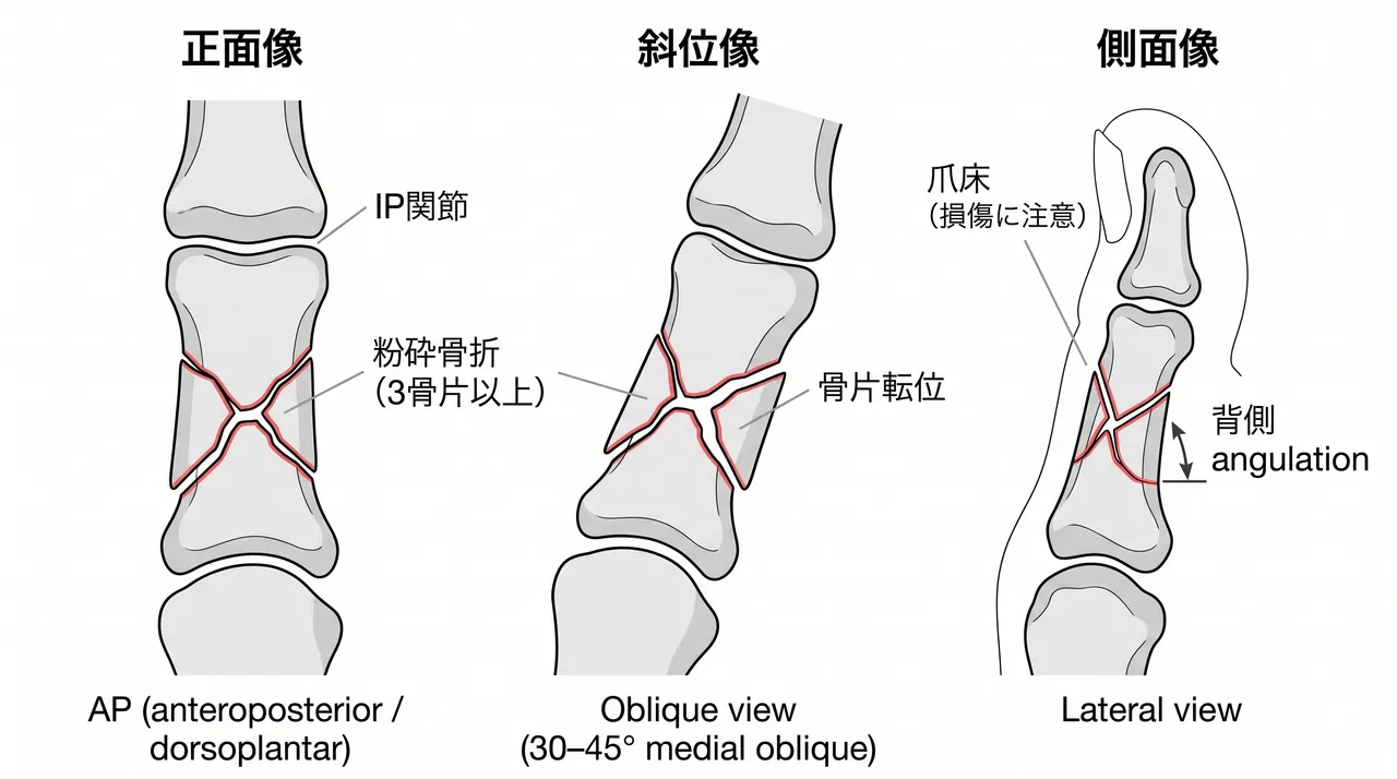 X線評価 — 趾骨粉砕骨折（正面・斜位・側面）
