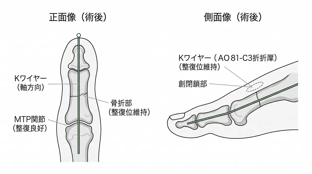 術後X線像 — 創外固定またはKワイヤー固定後の正面像・側面像