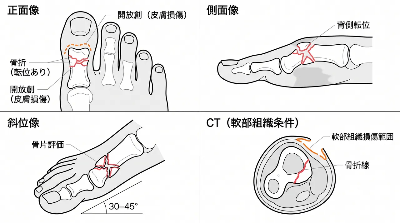 X線・CT評価 — 開放性趾骨骨折（X線3方向・CT軟部組織条件）