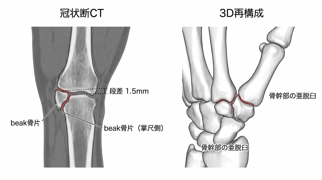 CT冠状断／3D再構成 — beak骨片サイズと関節面段差の評価