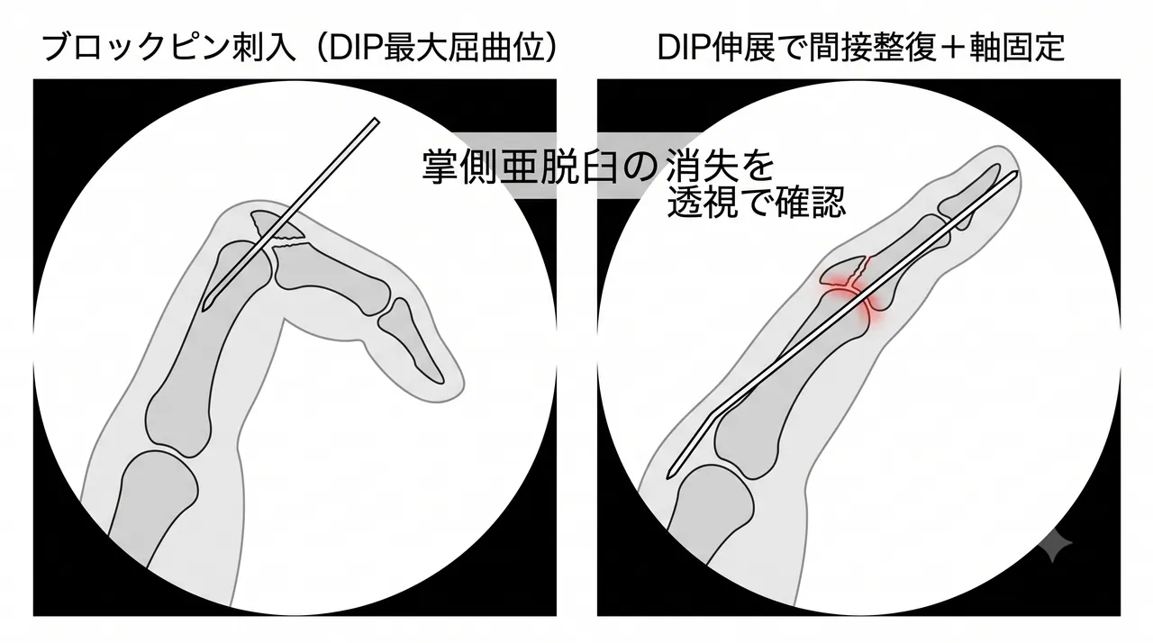伸展ブロック法の透視像 — ブロックピン刺入と DIP整復