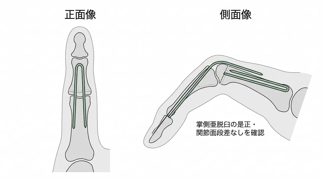 術後X線像（正面／側面）— 整復位・インプラント設置・掌側亜脱臼是正の確認