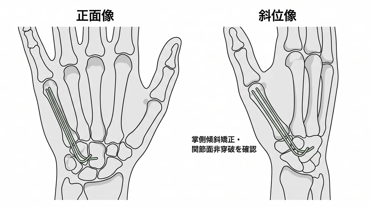 術後X線像（PA / 斜位）— 整復位・掌側傾斜矯正・インプラント設置確認