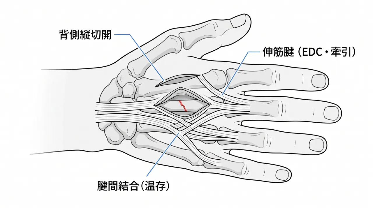 背側アプローチ解剖図 — 皮切線と伸筋腱・juncturaeの温存