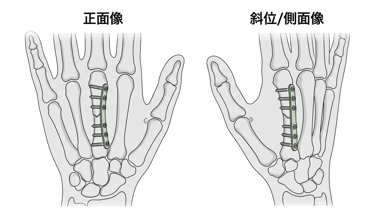 術後X線像（AP / Oblique）— 整復位・インプラント設置確認