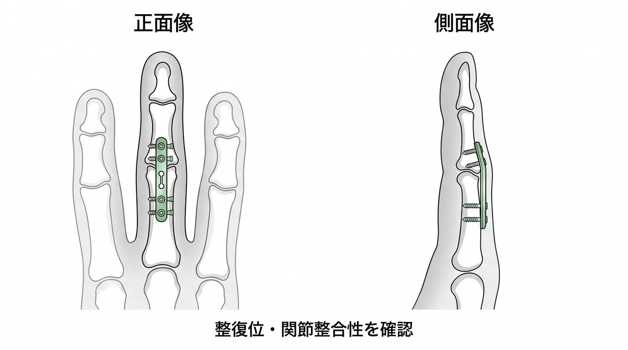 術後X線像（AP / Lateral）— 整復位・インプラント設置・関節整合性の確認