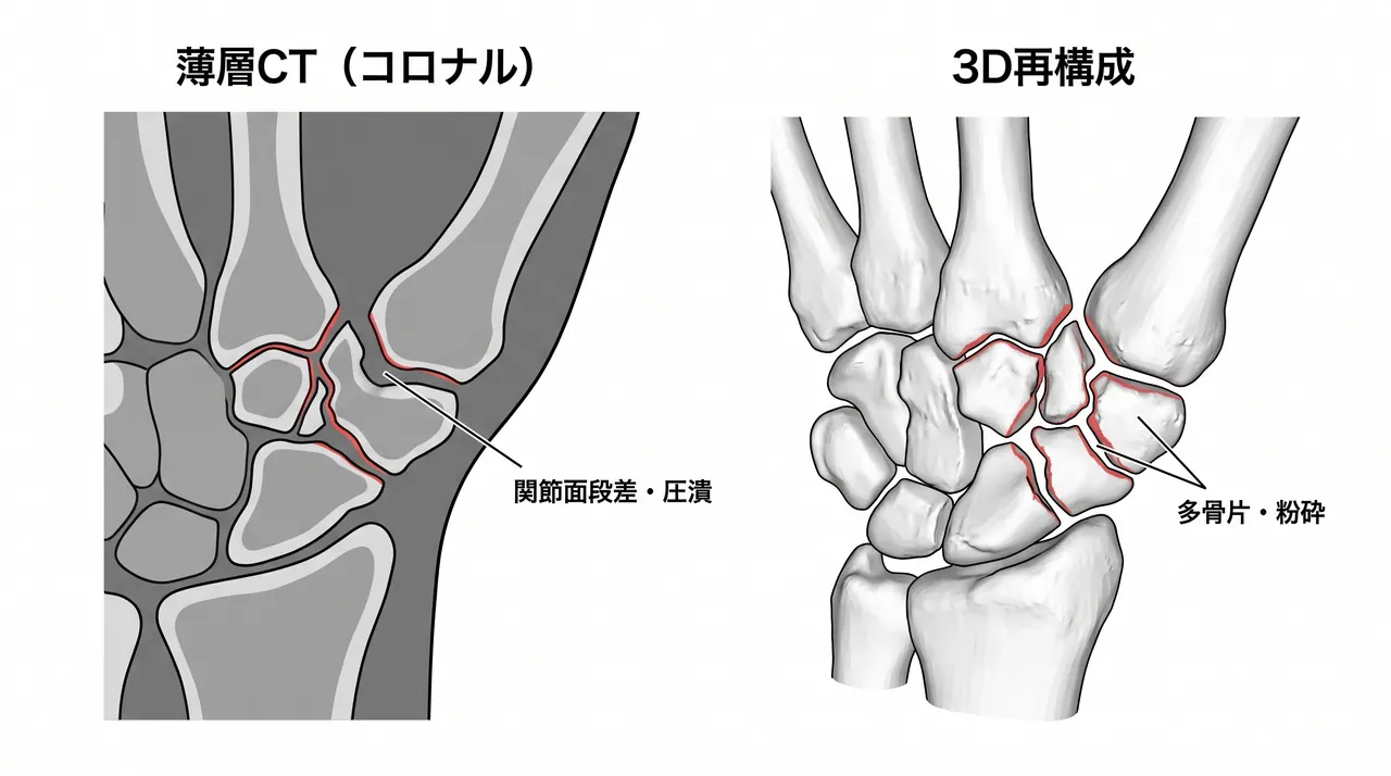 CT（薄層＋3D再構成）— 関節面粉砕・骨片数・段差の把握