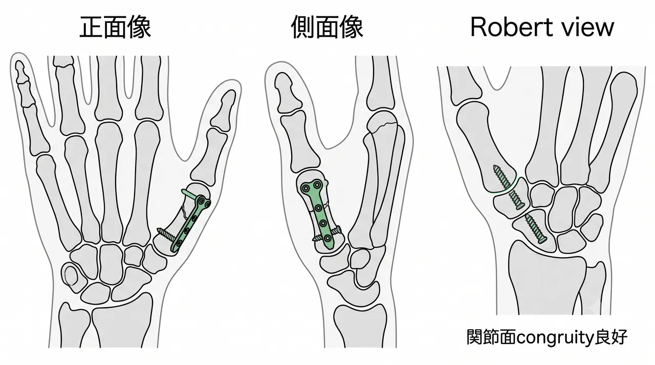 術後X線像（AP / Lateral / Robert view）— 整復位・インプラント・関節面congruity確認