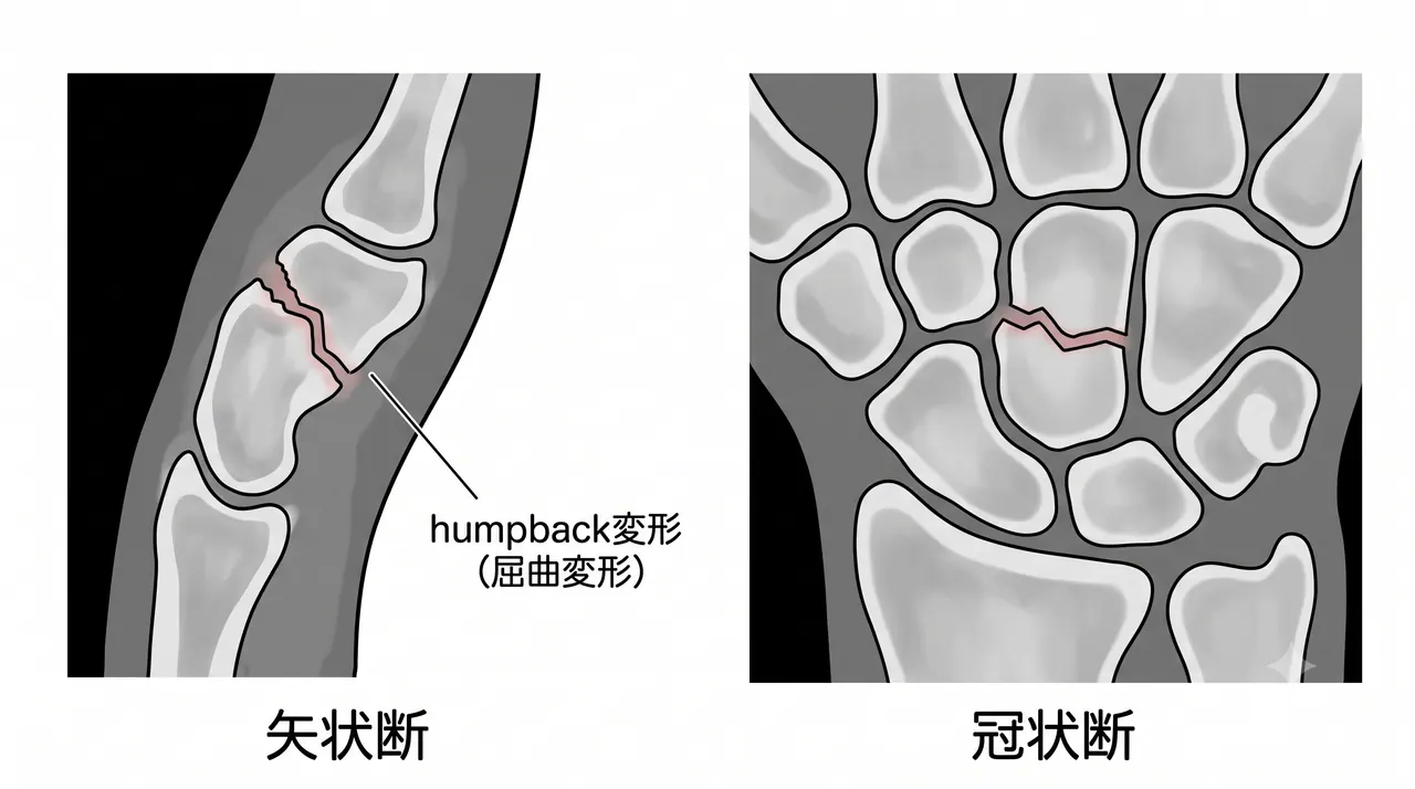 CT（矢状断・冠状断）— 転位・humpback変形・癒合評価