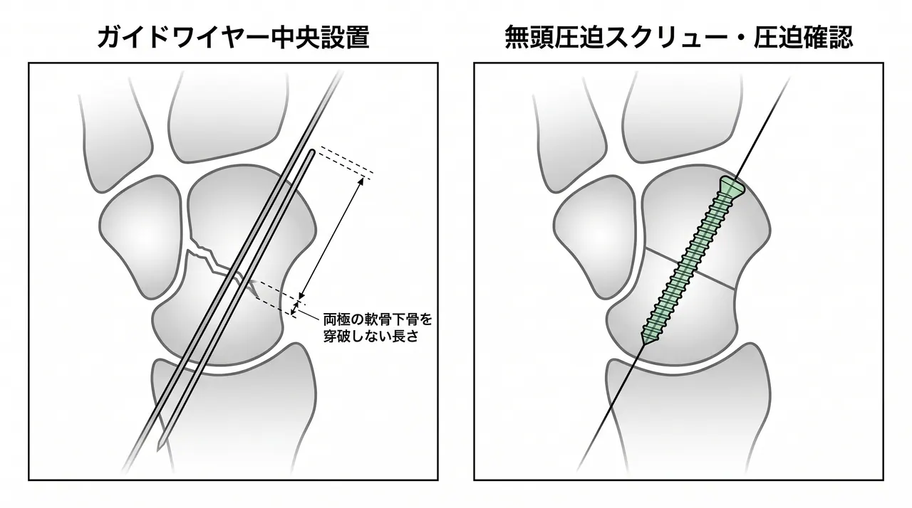 術中透視像 — ガイドワイヤー中央刺入・スクリュー長計測・圧迫確認