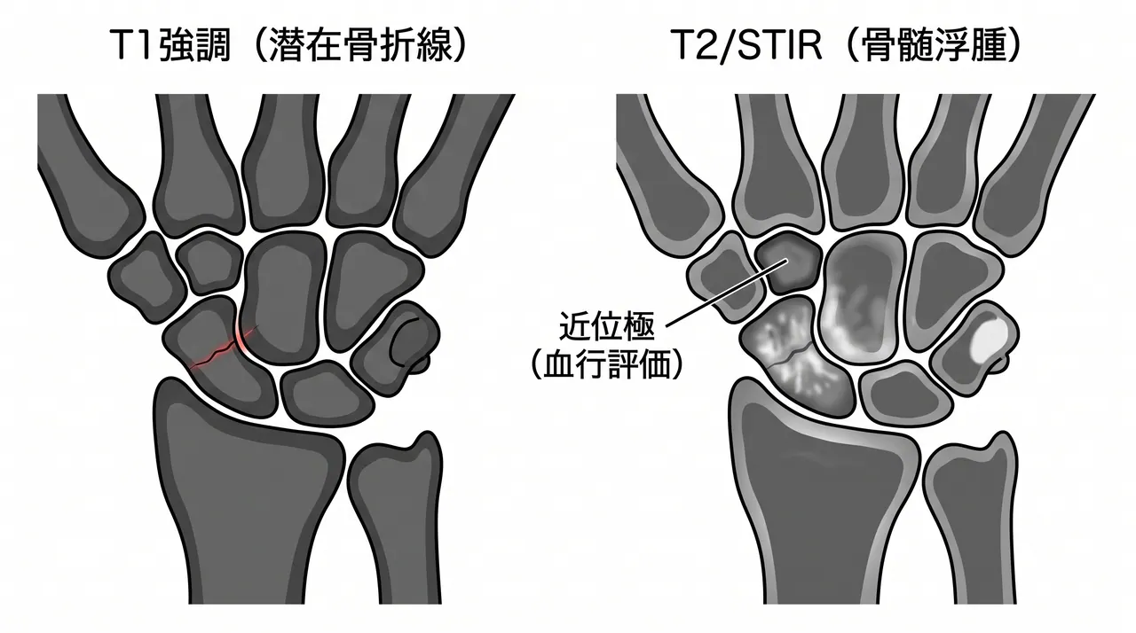 MRI — 単純X線陰性の潜在骨折・骨挫傷・近位極血行評価