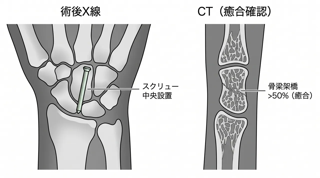 術後X線・CT — 整復位・スクリュー中央設置・癒合の確認