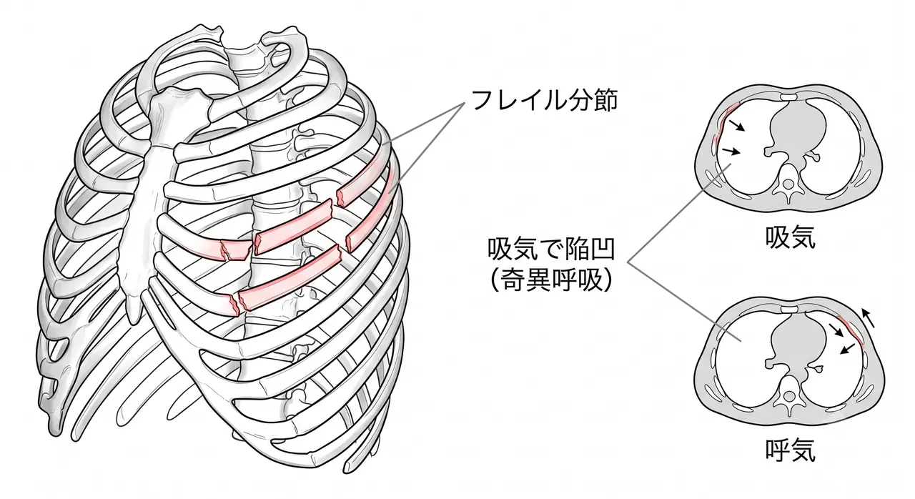 胸部CT（3D再構成）— 各肋骨の骨折線・分節骨折・転位の評価