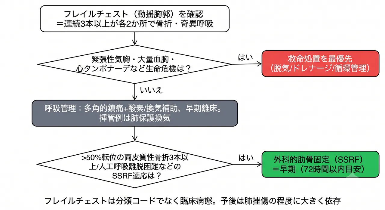 治療選択アルゴリズム — 呼吸状態・胸壁安定性・肺挫傷に基づく方針決定フロー