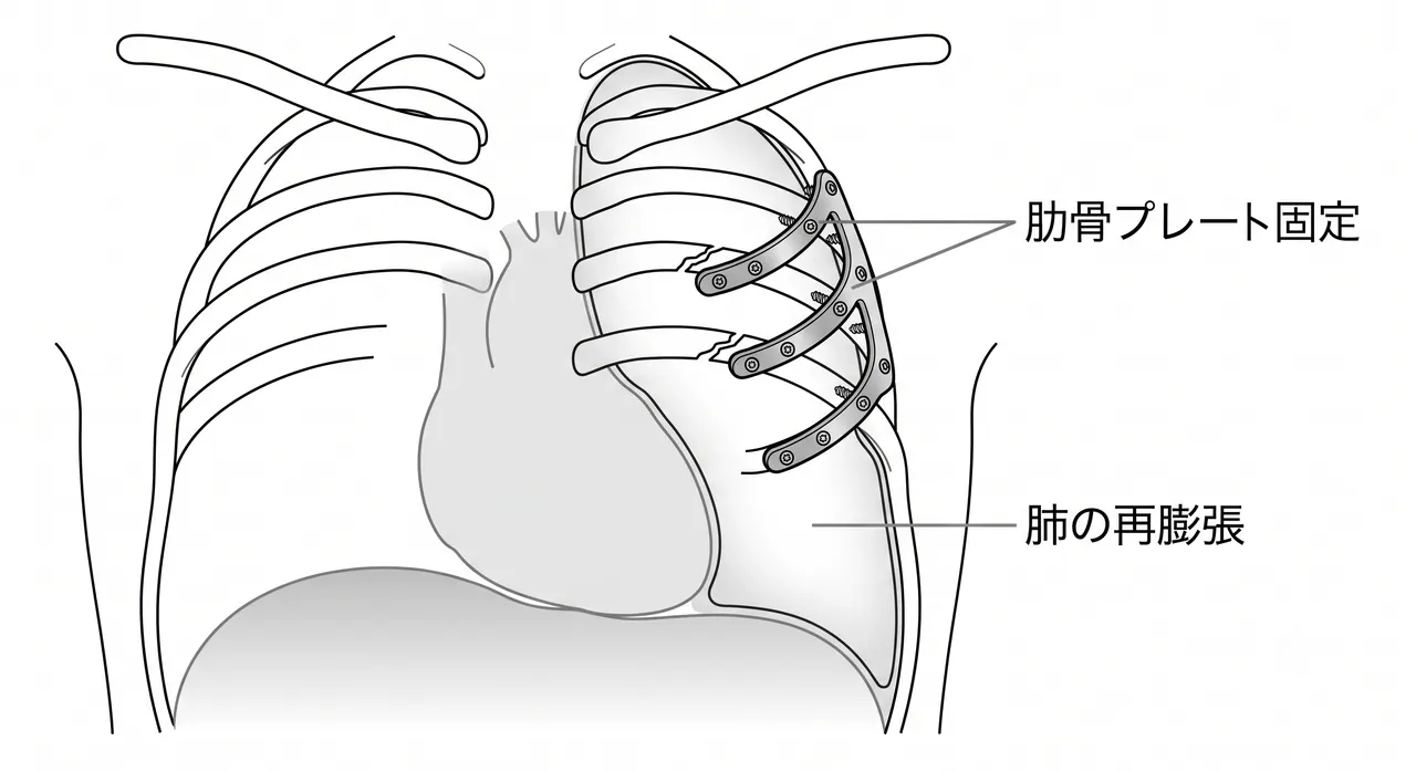 術後胸部X線 — 整復位・プレート設置・肺再膨張の確認