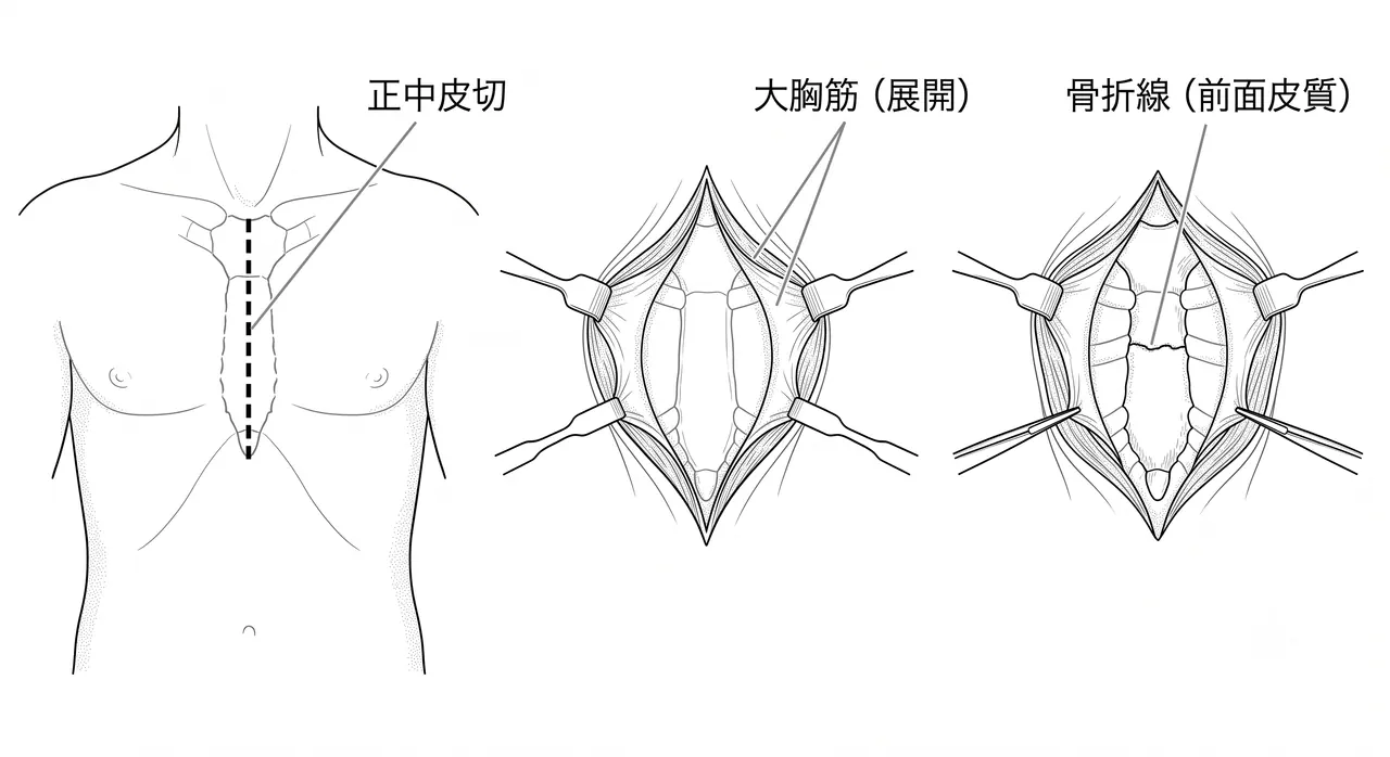 アプローチ — 胸骨体部の展開と骨折部の同定