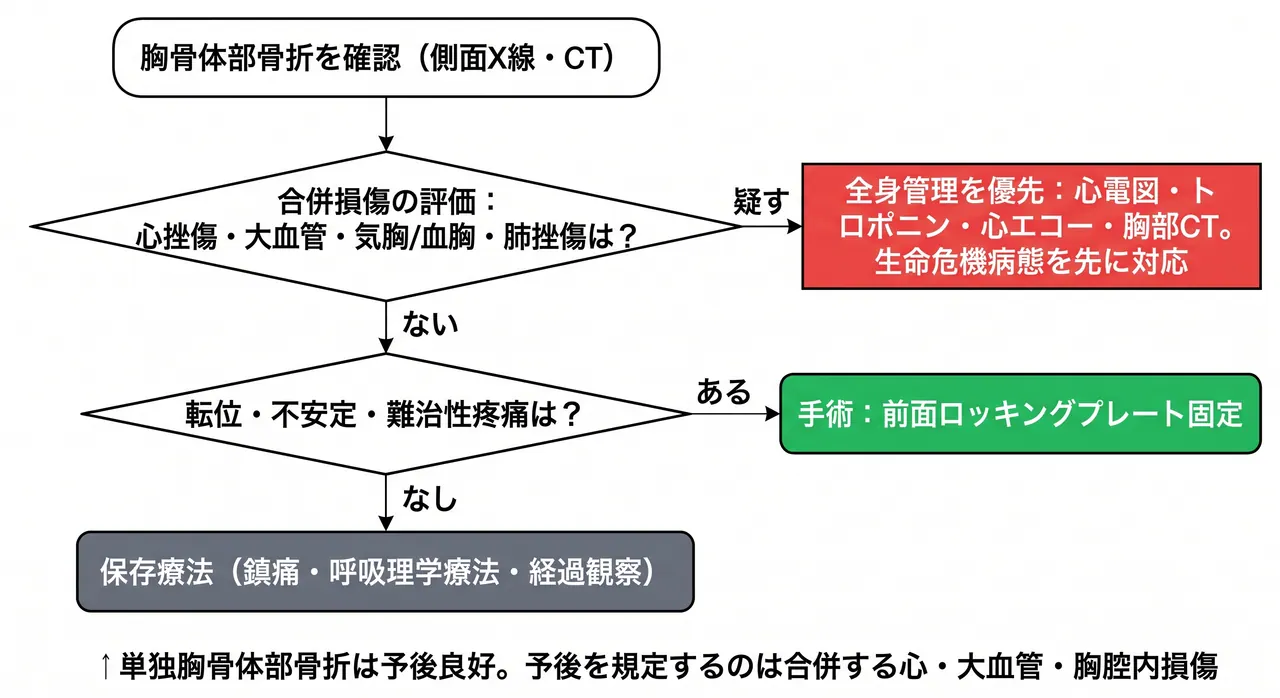 治療選択アルゴリズム — 転位・安定性・心合併損傷評価に基づく方針決定フロー