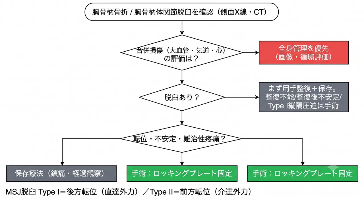 治療選択アルゴリズム — 転位・安定性・随伴損傷に基づく方針決定フロー