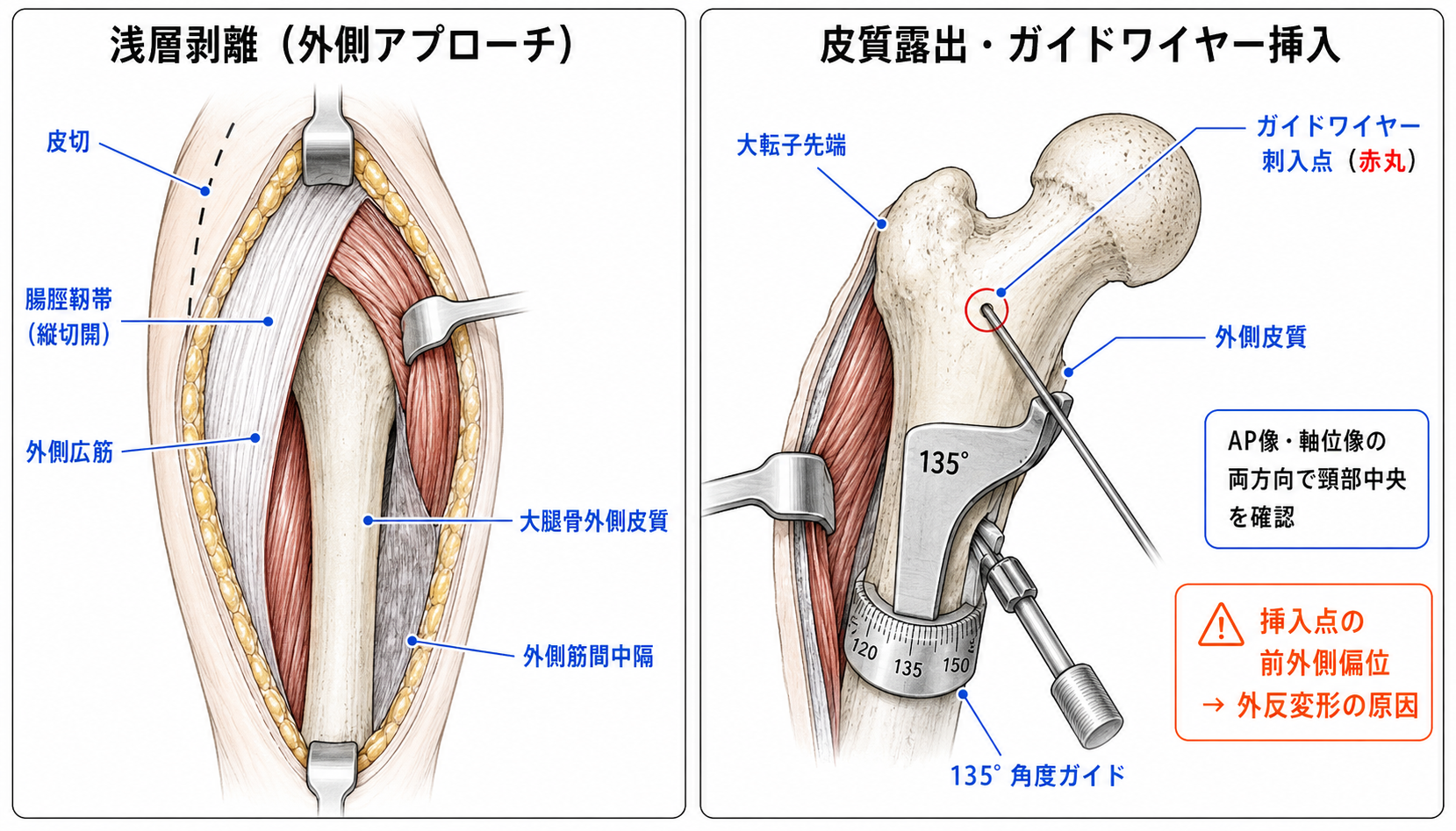 アプローチ解剖図 — 皮膚切開線と剥離層